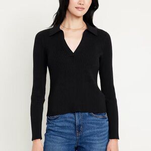 NWT Old Navy Ribbed Black Crop Polo Sweater Size L